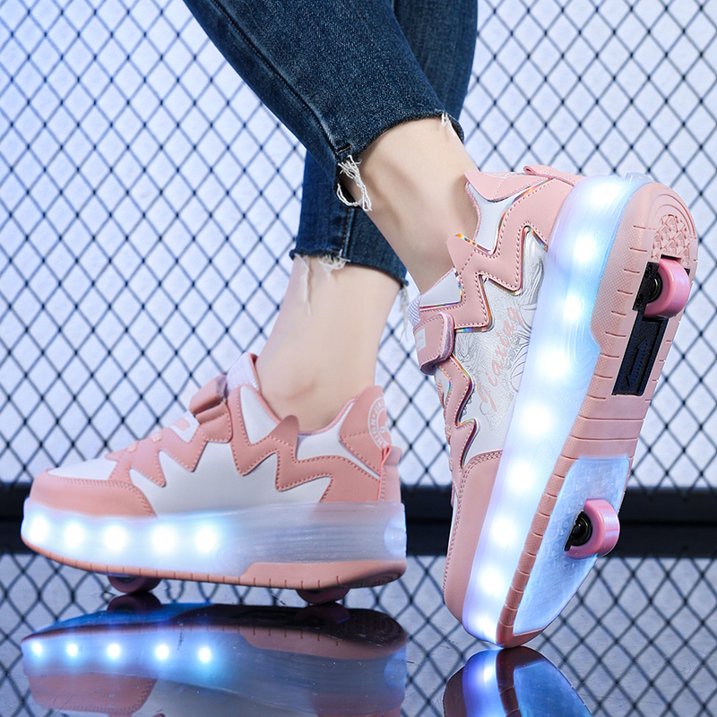 Girls LED Roller Sneakers – Pink Light-Up Dual Wheel Skate Shoes for Kids