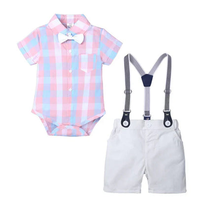 Bow Applique Check Print Onesie with Half Pants & Suspenders Set for Kids