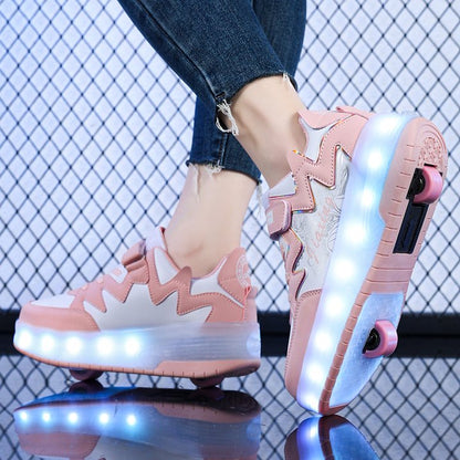 Girls LED Roller Sneakers – Pink Light-Up Dual Wheel Skate Shoes for Kids