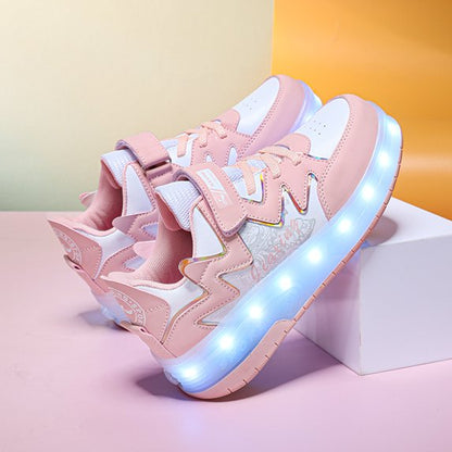 Girls LED Roller Sneakers – Pink Light-Up Dual Wheel Skate Shoes for Kids