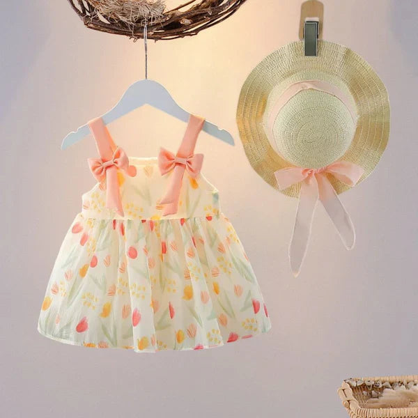 Baby Girl Sleeveless Floral Party Frock with Matching Hat – Festive Wear