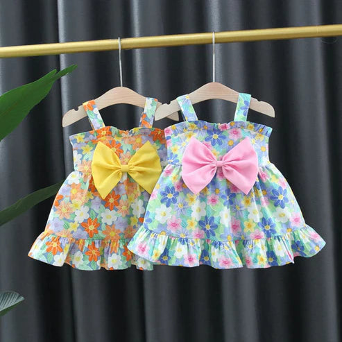 Baby Girl Ruffled Sleeveless Floral Dress with Large Bow – Casual Frock