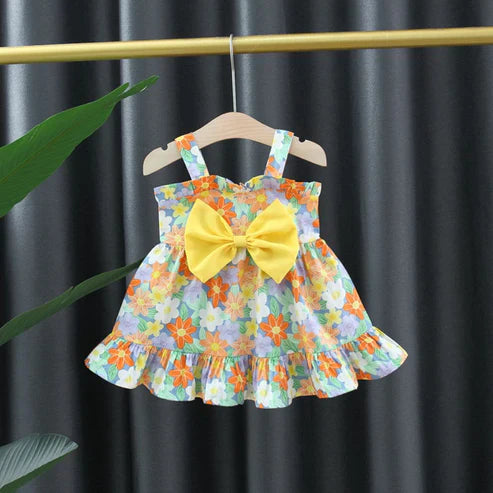Baby Girl Ruffled Sleeveless Floral Dress with Large Bow – Casual Frock