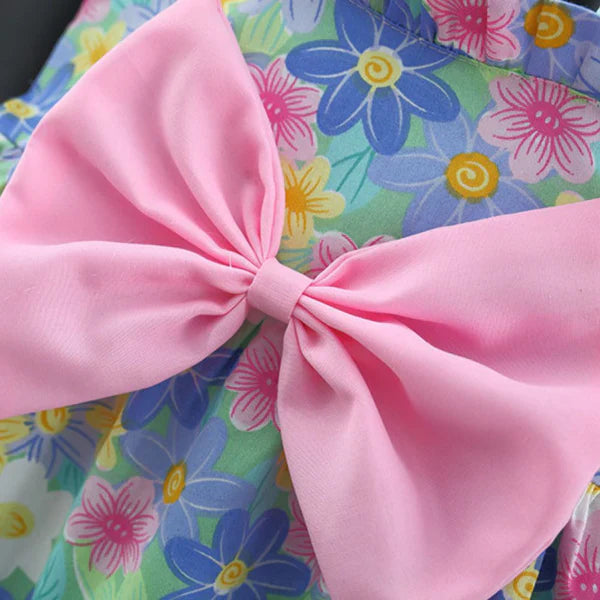 Baby Girl Ruffled Sleeveless Floral Dress with Large Bow – Casual Frock