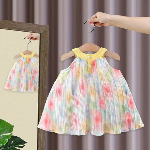 Girls Sleeveless Colorful Floral Print Flared Casual Frock