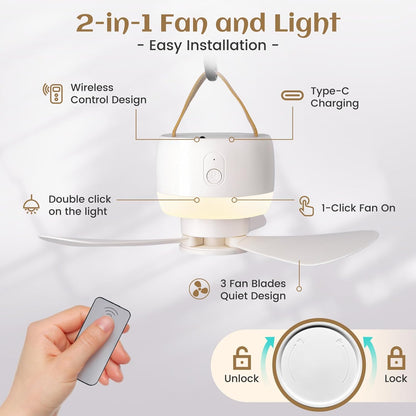 Rechargeable Hanging Camping Fan with Built-in LED Light & USB Charging