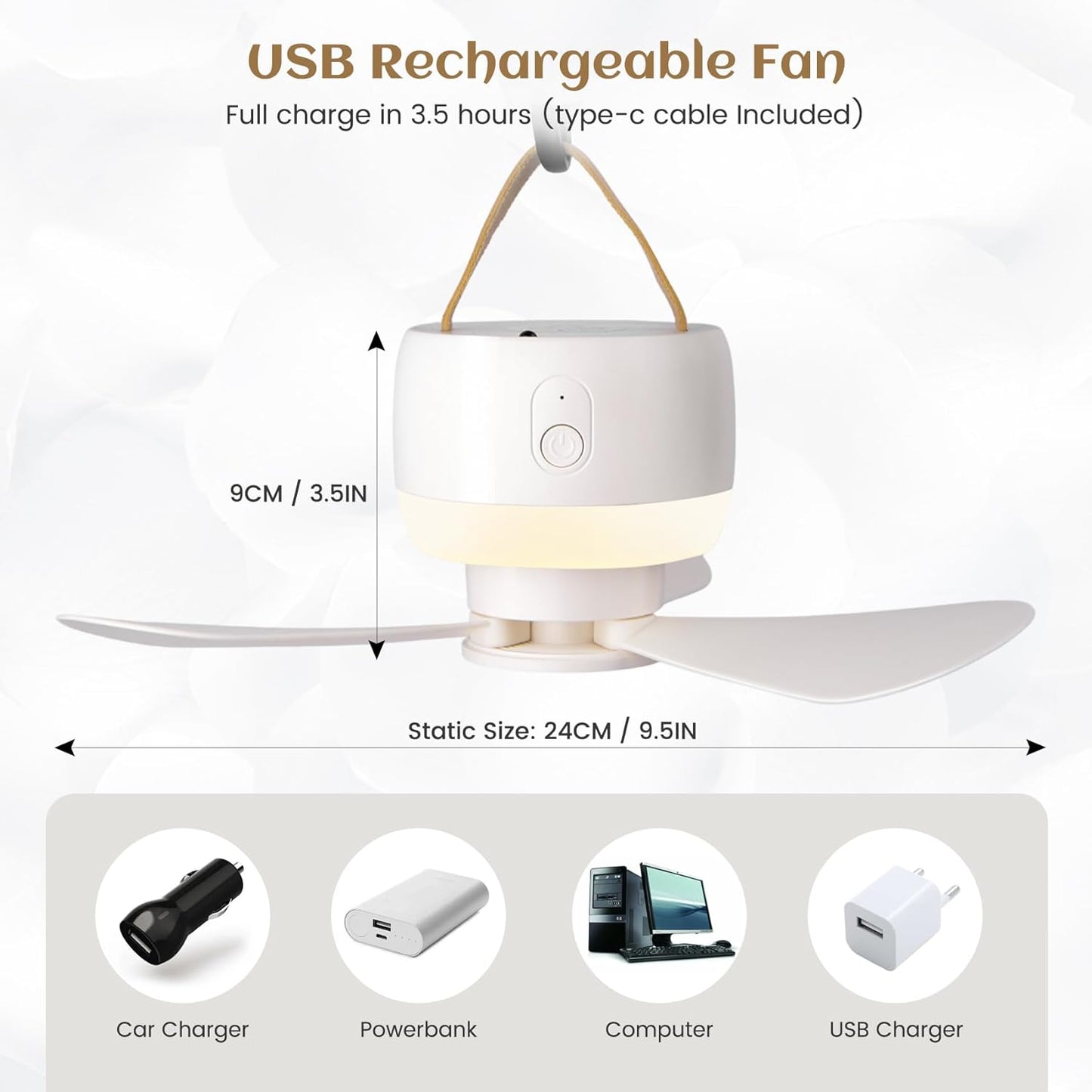 Rechargeable Hanging Camping Fan with Built-in LED Light & USB Charging