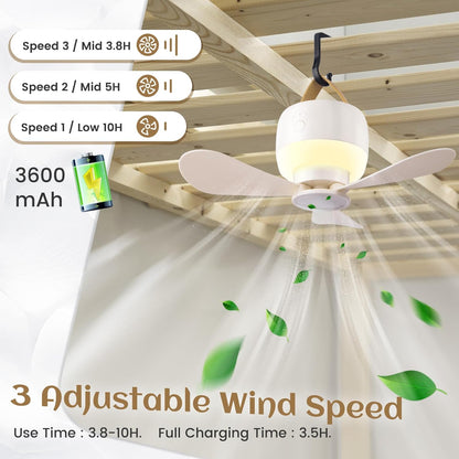 Rechargeable Hanging Camping Fan with Built-in LED Light & USB Charging