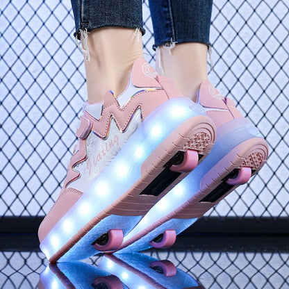 Girls LED Roller Sneakers – Pink Light-Up Dual Wheel Skate Shoes for Kids