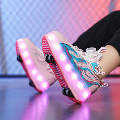 Girls 2-in-1 LED Roller Skate Sneakers – Light-Up Wheels Shoes with Retractable Skates